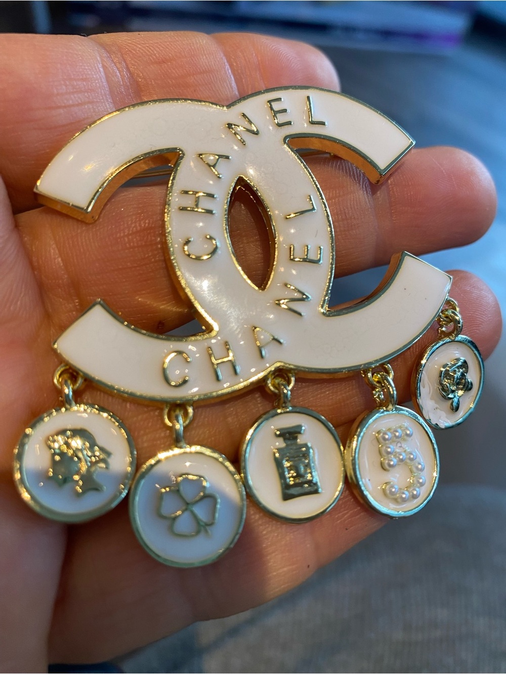 Unbranded Enamel Double-C Logo Charm Brooch with Dangling Medallions